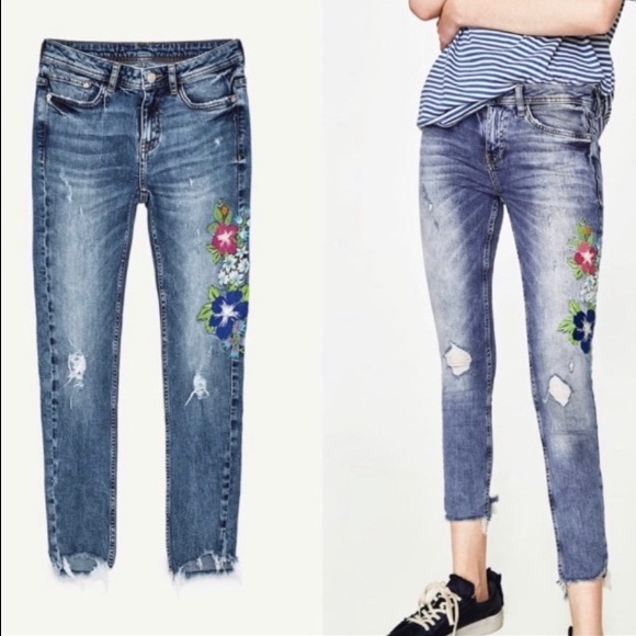 ZARA Jeans TRAFALUC DENIMWEAR Boho Floral Embroidered Blue Green Red Pink Size 4 - Picture 6 of 10